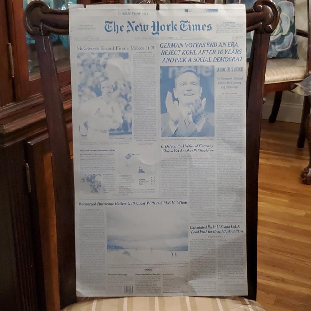 Sept. 28, 1998 Metal Printing Plate NY Times (features Mark McGwire 70th HR)